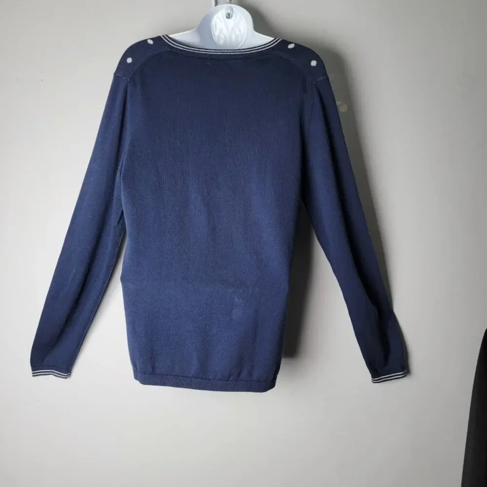 Tommy Hilfiger Navy Polka Dot Sweater Women's Large 100% Pima‎ Cotton V-Neck - Picture 5 of 9